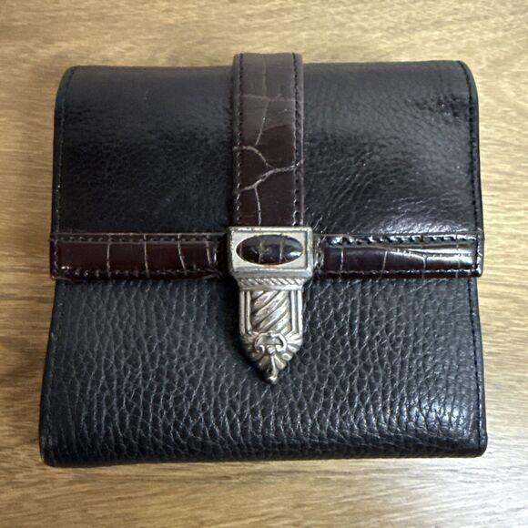 Vtg Brighton Wallet Leather Black Brown Croc Embossed Tri Fold Heart ID Photo - Picture 1 of 15